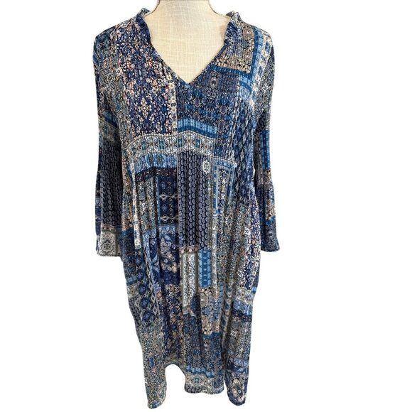 Chloe + Rene Womens Long-Sleeve Blue Patchwork Boho Dress Size L 100% Polyester - Picture 1 of 8
